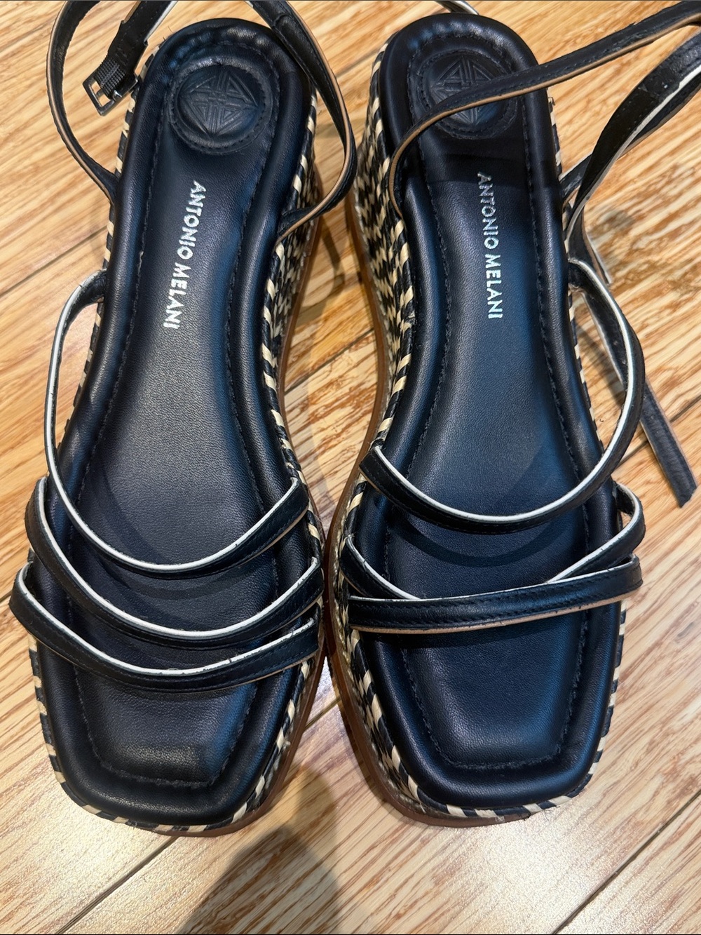 ANTONIO MELANI Black Strappy Woven Espadrille Sandals with Ankle Tie